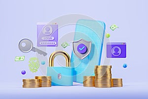 Smartphone with shield lock and stack of money, online security