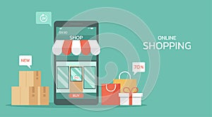 Smartphone with the shopping bag, gift, box, and icon, web and banner