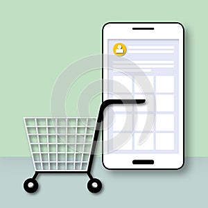 Smartphone with shopping cart on pastel green background, Design for online sale, e-commerce and online shopping concept.