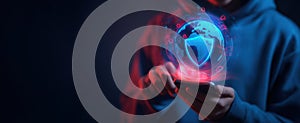 The smartphone showcasing a virtual globe with a security shield concept..AI generated image