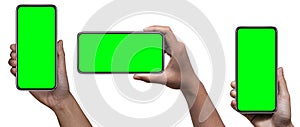 Smartphone similar to iphone 13 with green screen for Infographic Global Business Marketing Plan, mockup model similar to iPhone