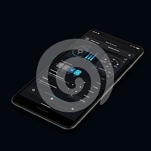 Smartphone with a sleek user interface displaying various controls and graphs.