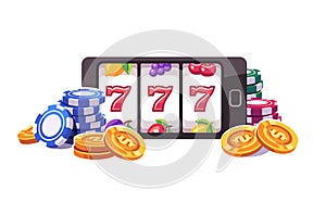 Smartphone with a slot machine and poker chips and coins. Online slot game flat illustration
