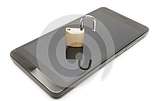 Smartphone with small lock in unlocked position over it. Mobile phone security and data protection concept