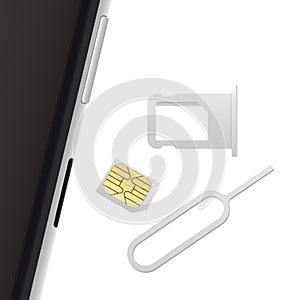 Smartphone, Small Nano Sim Card, Sim Card Tray and Eject Pin. Vector objects isolated on white. Realistic vector icons