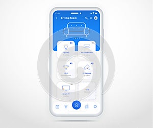 Smartphone smart home controlled app UX UI, IOT Internet of things technology, Digital future home automation tech, smart devices