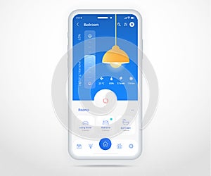 Smartphone smart home controlled app UX UI, IOT Internet of things technology, Digital future home automation tech, smart devices