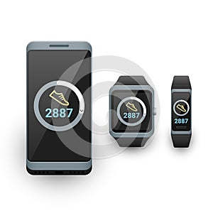 Smartphone, smart watch and activity fitness tracker with steps counter app on screen. Vector illustration