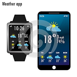 Smartphone and smart watch with weather app on the screen. Flat