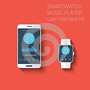 Smartphone and smartwatch music player user interface icons kit. Wearable technology concept in modern flat design