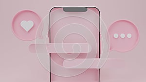 smartphone with social media,speech popup on mobile notifications for e-commerce.Alert for chat,Pastel concept.isolate Pink Pastel