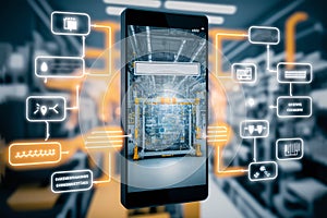 Smartphone with software for smart factory process control, Industry 4.0 concept, Generative AI