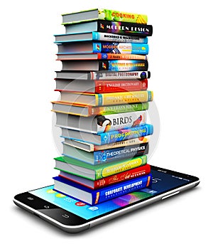 Smartphone and stack of color hardcover books