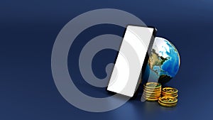Smartphone with stack of gold coins and globe or earth, world business concept. 3D rendering. element by NASA