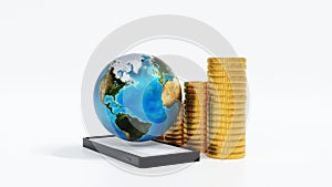 Smartphone with stack of gold coins and globe or earth, world business concept. 3D rendering. element by NASA