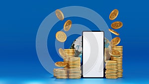 Smartphone with stack of gold coins and globe or earth, world business concept. 3D rendering. element by NASA