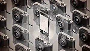 Smartphone stands out among vintage analogue SLR cameras. 3D illustration