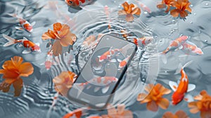 Smartphone submerged in water among orange flowers, a conceptual representation of technology and nature interplay
