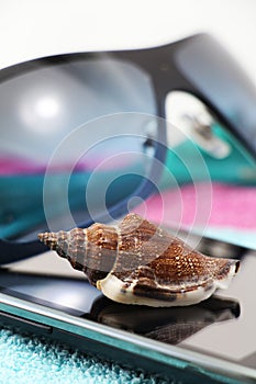 Smartphone and sunglasses, on a beach towel