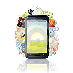 Smartphone, surrounded by Media Apps Icons. Vector