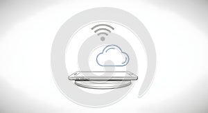 Smartphone syncing data to the cloud isolated on white background
