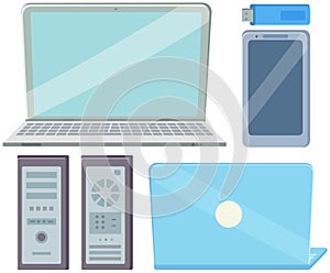 Smartphone, tablet, computer monitor, USB flash drive and laptop icon set in flat design style