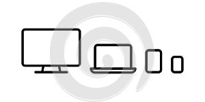 smartphone, tablet, laptop and computer set with blank screen saver isolated on white background. stock vector outline