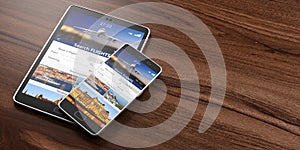 Smartphone and tablet on wooden backgound, Search flights on the screens, copy space. 3d illustration