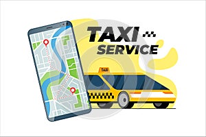 Smartphone with taxi transfer route and geotag gps location pin arrival address on map. Online cab order service mobile