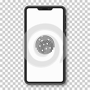 Smartphone with touch screen fingerprint scanning on a transparent background. UI and UX. Dark mobile phone with buttons.