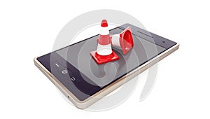 Smartphone, traffic cones, road conet on a white background 3D illustration, 3D rendering