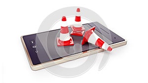 Smartphone, traffic cones, road conet on a white background 3D illustration, 3D rendering