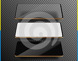 Smartphone on transparent background. White and transparent screen mockup realistic gold color gadget isolated with shadow. Vector