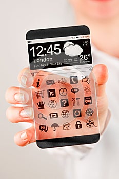 Smartphone with transparent screen in human hands.