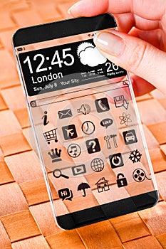 Smartphone with transparent screen in human hands.