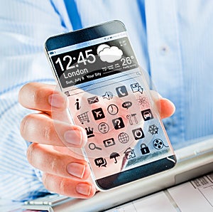 Smartphone with transparent screen in human hands.