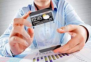 Smartphone with transparent screen in human hands.