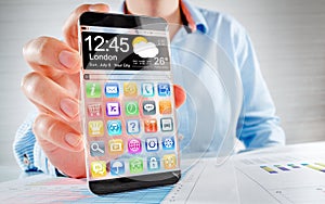 Smartphone with transparent screen in human hands.