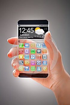 Smartphone with transparent screen in human hands.