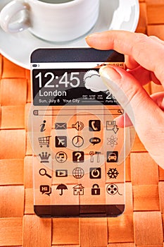 Smartphone with transparent screen in human hands.