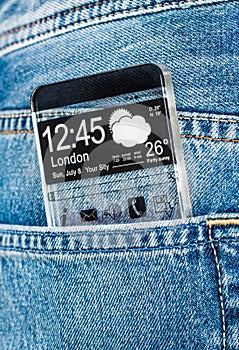 Smartphone with a transparent screen in a pocket of jeans.