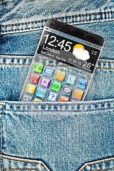 Smartphone with a transparent screen in a pocket of jeans.