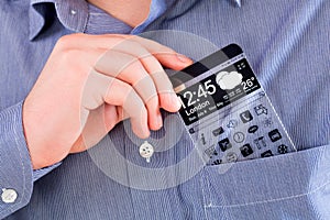 Smartphone with a transparent screen in a shirt pocket.