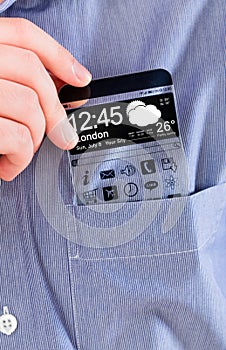 Smartphone with a transparent screen in a shirt pocket.