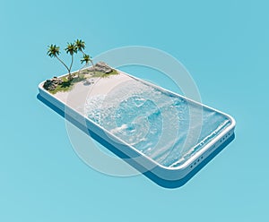 Smartphone with Tropical Beach and Palm Trees on Blue Background