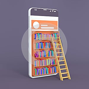 Smartphone turned into Internet online library. Concept of mobile education and e-library, isometric media book shop. 3d rendering