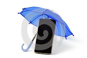 Smartphone under umbrella - Concept of phone insurance, warranty amd support service photo