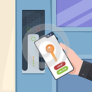 Smartphone unlock door. Electronic handle door wireless control system key garish vector concept background