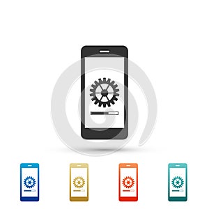 Smartphone update process with gearbox progress and loading bar icon isolated on white background. System software