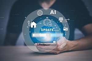 Smartphone with Update Software Computer Program Upgrade Business Technology Internet, Update on virtual screen. Internet and tech